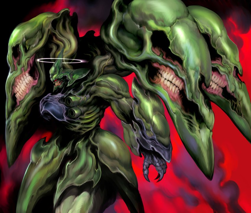 absurdres clenched_teeth commentary english_commentary extra_mouth gundam gundam_unicorn halo highres kshatriya looking_ahead mecha monster monsterification no_humans open_hand robot teeth visor witnesstheabsurd
