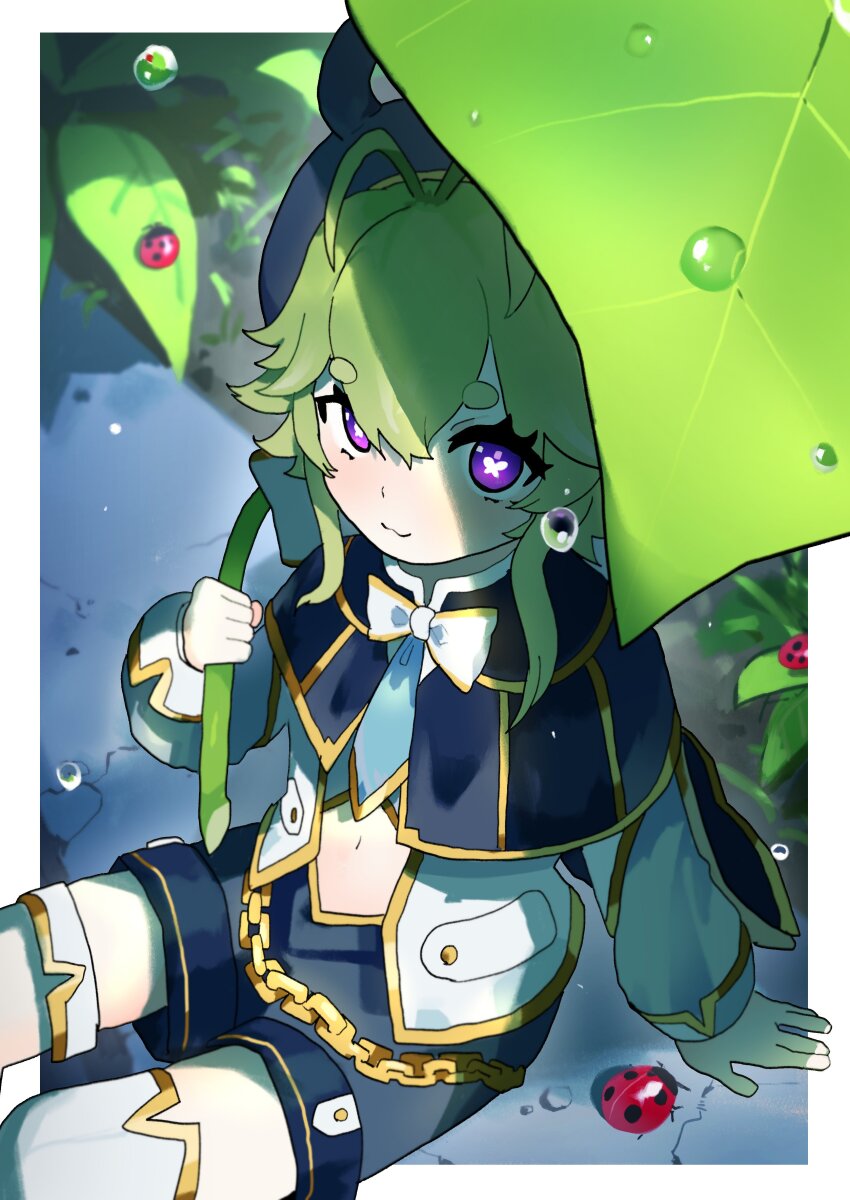 1girl :3 absurdres antenna_hair black_shorts bow bug bugbugh butterfly-shaped_pupils chain closed_mouth clothing_cutout commentary commission english_commentary green_hair hair_between_eyes highres holding indie_virtual_youtuber insect ladybug leaf leaf_umbrella long_sleeves looking_at_viewer navel navel_cutout purple_eyes short_hair_with_long_locks shorts sitting skeb_commission solo syakunetuu symbol-shaped_pupils thighhighs virtual_youtuber water_drop white_bow white_thighhighs