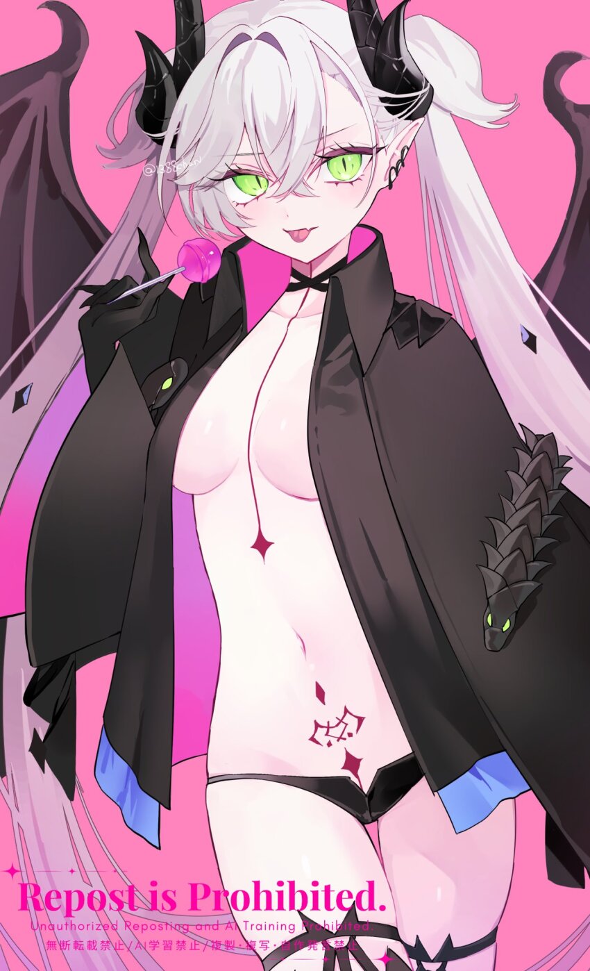 1388chan 1girl black_cloak black_panties blush body_markings breasts candy choker cloak crossed_bangs demon_girl demon_horns demon_wings ear_piercing fate/grand_order fate_(series) food green_eyes grey_hair hair_between_eyes highres horns large_breasts lilith_(fate) lollipop long_hair looking_at_viewer navel panties piercing pointy_ears smile solo stomach_tattoo tattoo thigh_strap thighs tongue tongue_out twintails underwear very_long_hair wings