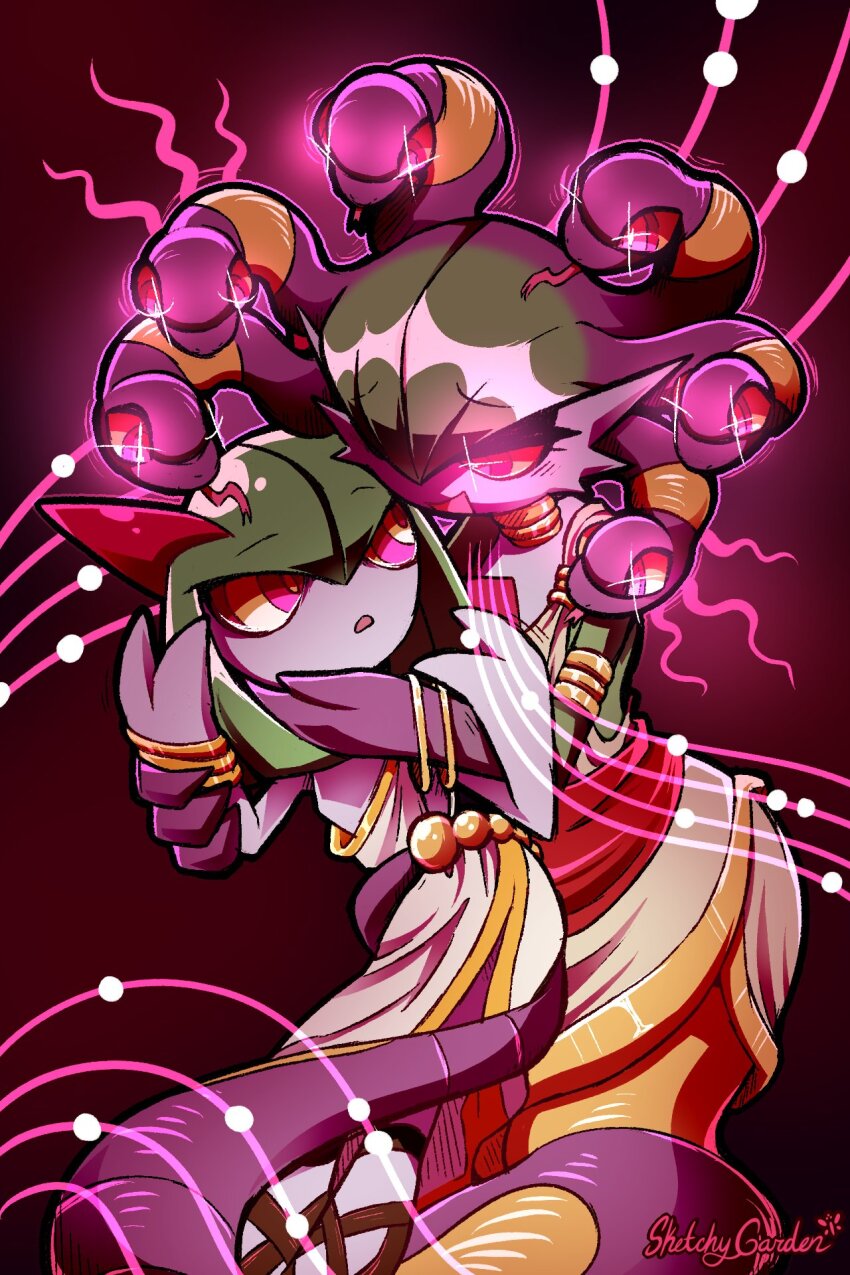 artist_name colored_skin ekans forked_tongue gardevoir gen_1_pokemon gen_3_pokemon glowing glowing_eyes green_hair green_skin highres horns jewelry kirlia multicolored_skin nintendo open_mouth pink_eyes pokemon pokemon_(creature) pokemon_infinite_fusion purple_skin sidelocks sketchygarden smile snake_hair tongue two-tone_skin white_skin
