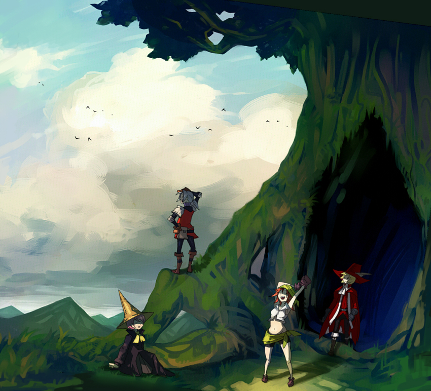1990s_(style) 1girl 3boys arc_(ff3) bad_id bad_pixiv_id bandana black_mage_(final_fantasy) blonde_hair boots cape cloud day final_fantasy final_fantasy_iii forest gloves hat ingus kutizusamu long_hair luneth midriff multiple_boys nature navel orange_hair ponytail red_mage_(final_fantasy) refia retro_artstyle sitting sky smile standing stretching thief_(final_fantasy) tree warrior warrior_(final_fantasy) witch_hat