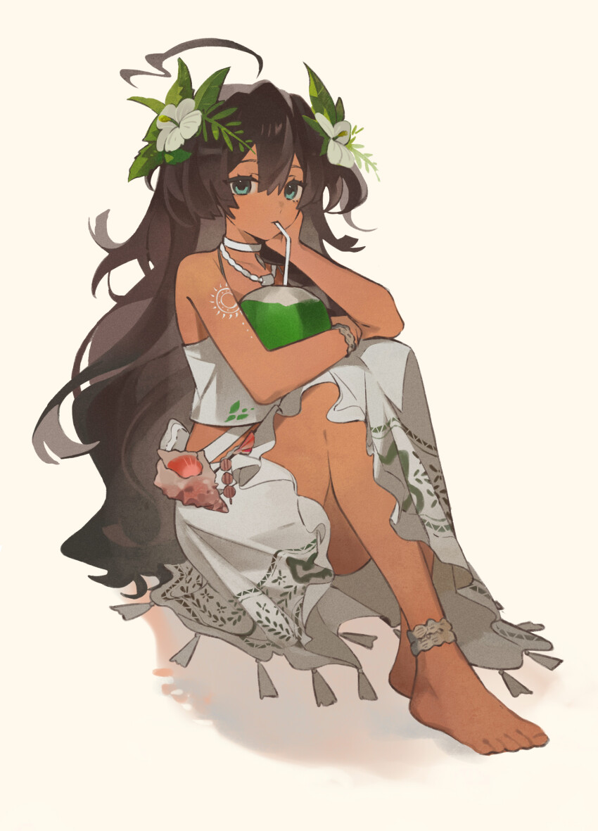 1girl absurdres ahoge arm_tattoo bare_arms bare_legs bare_shoulders barefoot blue_eyes brown_hair coconut coconut_cup dark-skinned_female dark_skin drinking drinking_straw drinking_straw_in_mouth fatutu flower full_body hair_flower hair_ornament hand_on_own_cheek hand_on_own_face hibiscus highres knees_to_chest knees_up leaf_hair_ornament long_hair long_skirt looking_at_viewer quanx70909457 reverse:1999 shell_anklet shell_bracelet shirt side_slit sitting skirt sleeveless sleeveless_shirt solo tattoo very_long_hair white_flower white_shirt white_skirt yellow_background