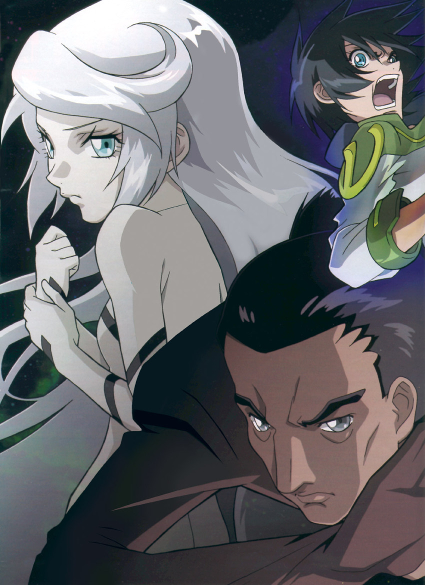 00s 1girl 2boys :o age_(heroic_age) armlet bare_shoulders black_hair blue_eyes character_age from_side heroic_age highres jewelry karkinus long_hair long_sleeves looking_at_viewer multiple_boys multiple_girls ninja non-web_source official_art open_mouth profile scan silver_hair very_long_hair yuti_ra