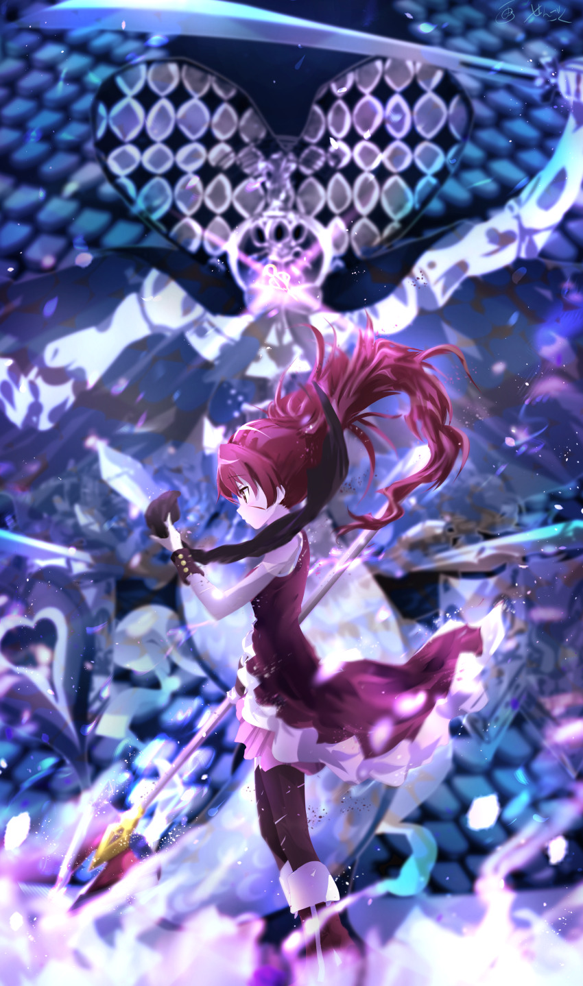 1girl absurdres highres japanese_clothes kimono long_hair looking_at_viewer mahou_shoujo_madoka_magica oktavia_von_seckendorff ponytail red_eyes red_hair sakura_kyoko sakura_kyoko_(magical_girl) sengoku_chidori solo
