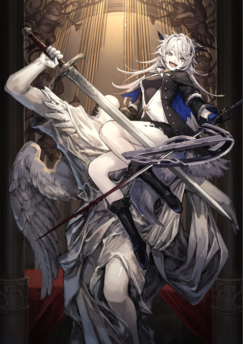 1girl angel_statue animal_ears arknights black_boots black_coat black_shorts blue_gloves boots breasts buttons cherub church coat commentary crossed_swords english_commentary gloves grey_eyes highres holding holding_sword holding_weapon indoors instrument lappland_(arknights) lappland_(refined_horrormare)_(arknights) long_hair looking_at_viewer material_growth medium_breasts mephisto_(angraecum) open_clothes open_coat open_mouth organ_(instrument) oripathy_lesion_(arknights) pillar pinstripe_pattern scar scar_across_eye scar_on_face sharp_teeth shirt shorts silver_hair smile solo statue striped sword tail teeth tongue upper_teeth_only weapon white_shirt wolf_ears wolf_girl wolf_tail