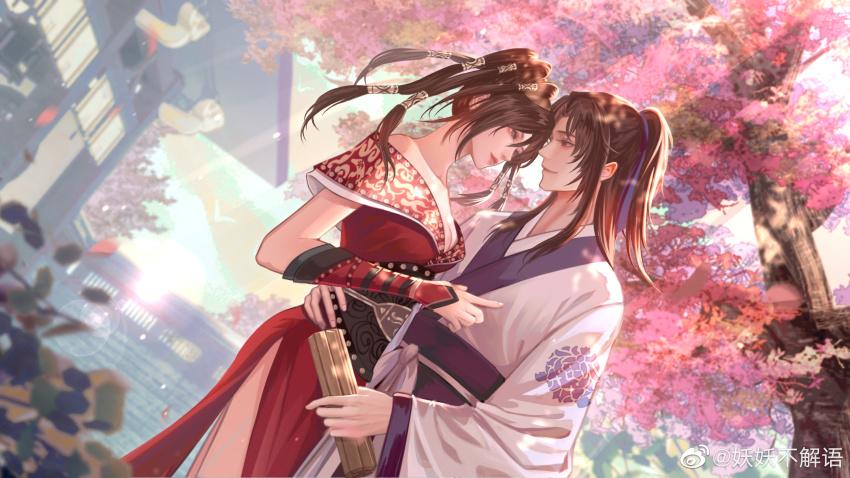 1boy 1girl bare_shoulders brown_hair building chen_pu chi_lian_(qin_shi_ming_yue) dress eyeshadow face-to-face fingering_gesture hair_ornament hand_on_own_hip highres light_rays long_hair makeup qinshi_mingyue red_dress sash sky smile third-party_source tree upper_body