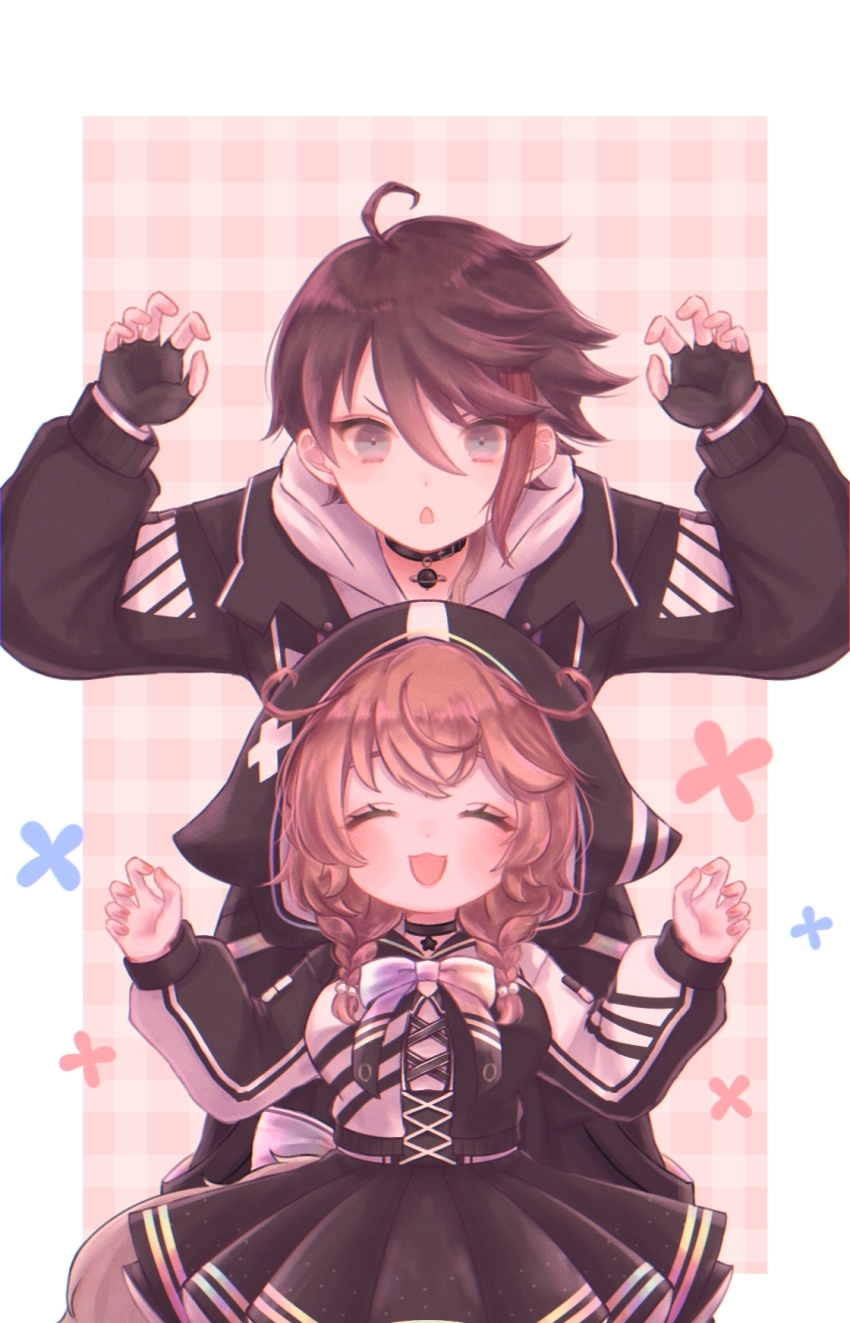 1boy 1girl ahoge black_jacket border brown_hair choker claw_pose fingerless_gloves gloves grey_eyes hair_between_eyes highres hood hood_up jacket mi_oxo_9m multicolored_hair nijisanji open_mouth saegusa_akina streaked_hair virtual_youtuber warabeda_meiji white_border