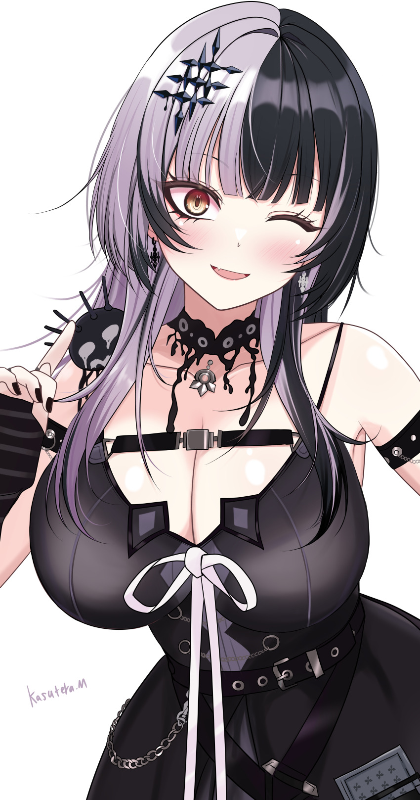 1girl absurdres black_arm_warmers black_choker black_dress black_hair black_nails breasts chest_belt choker cleavage dress gloves grey_hair hair_ornament highres hololive hololive_english kasutera_mikan lace lace-trimmed_choker lace_choker lace_trim large_breasts long_hair looking_at_viewer multicolored_hair open_mouth ribbon shiori_novella shiori_novella_(1st_costume) simple_background smile solo split-color_hair striped_arm_warmers striped_clothes striped_gloves two-tone_hair virtual_youtuber white_background white_ribbon yellow_eyes yorick_(shiori_novella)