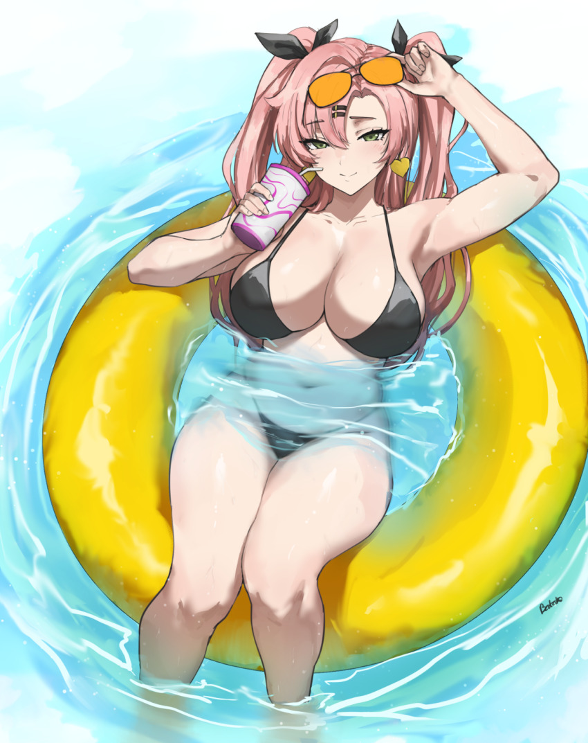 1girl arm_up armpits batako_(batakoart) bikini breasts cleavage donut_innertube drink earrings female_focus green_eyes heart highres jewelry large_breasts long_hair looking_at_viewer navel nicole_demara pink_hair solo sunglasses swimsuit wet zenless_zone_zero