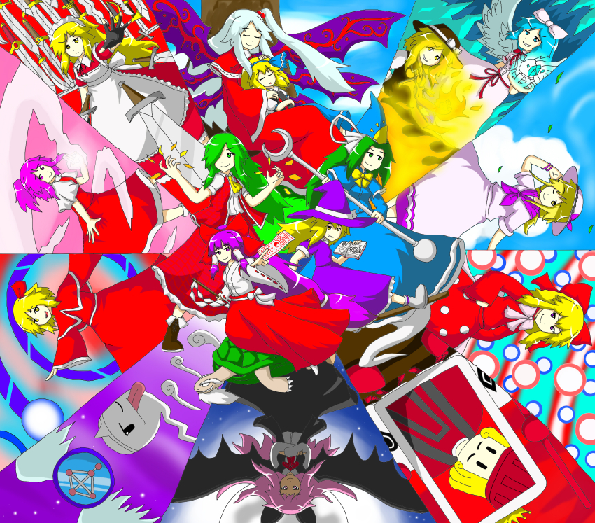 6+girls absurdres alice_margatroid alice_margatroid_(pc-98) andani ayana_(touhou) bakebake_(touhou) black_wings blonde_hair blue_hair book closed_eyes everyone fire genjii_(touhou) green_hair hakurei_reimu hakurei_reimu_(pc-98) highres kazami_yuuka kazami_yuuka_(pc-98) kirisame_marisa kirisame_marisa_(pc-98) louise_(touhou) magic mai_(touhou) medium_hair mima_(touhou) multiple_girls mystic_square pink-haired_makai_resident_(touhou) pink_hair sara_(touhou) shinki_(touhou) short_hair sleeping spirit_mirror_(touhou) staff touhou touhou_(pc-98) trump_king wayousei_(touhou) wings yuki_(touhou) yumeko_(touhou)