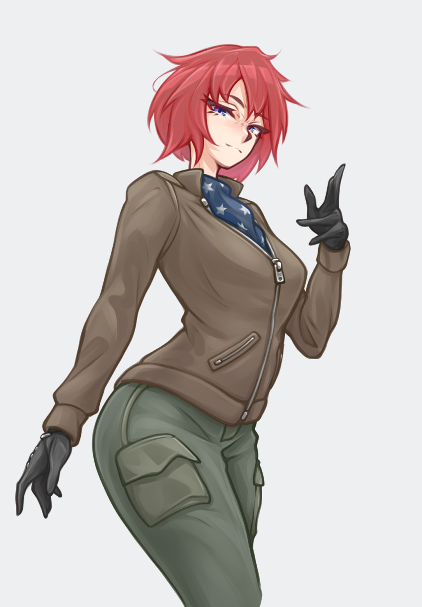 1girl black_gloves blue_eyes brown_jacket commission commissioner_upload gloves green_pants highres jacket looking_at_viewer nikoro_(zaihn) non-web_source original pants red_hair short_hair solo standing zap-nik