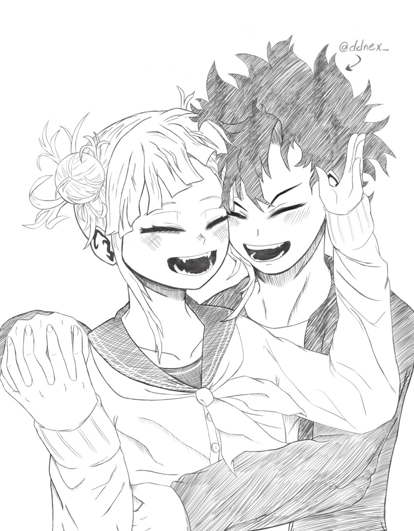 1boy 1girl artist_request black_hair black_jacket blush boku_no_hero_academia highres hug jacket messy_hair original school_uniform sketch smile toga_himiko villainous yandere