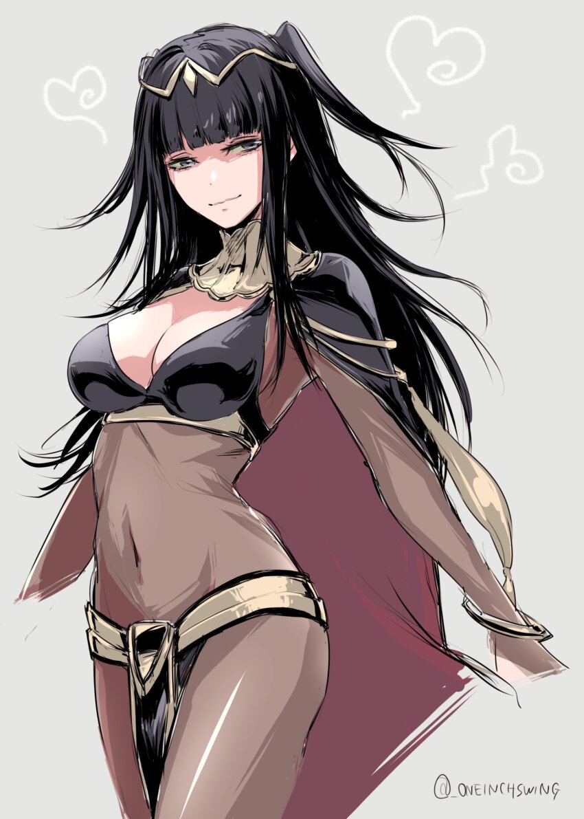 1girl black_eyes black_hair blunt_bangs bodystocking breasts cape cleavage closed_mouth covered_navel fire_emblem fire_emblem_awakening grey_background highres light_smile long_hair looking_at_viewer nintendo pelvic_curtain short_twintails solo tharja_(fire_emblem) tiara twintails twitter_username umi_(_oneinchswing)