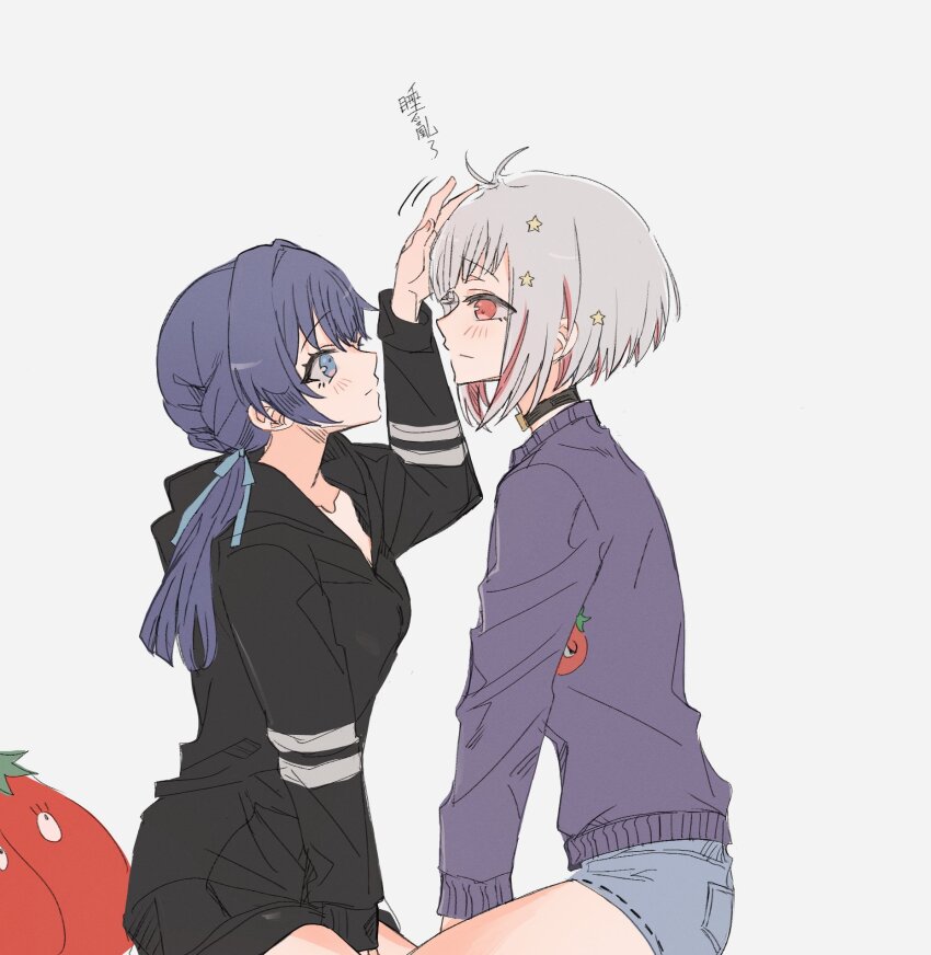 2girls arm_up black_choker black_jacket blue_eyes blue_hair blue_ribbon blue_shorts blue_sweater bob_cut borrowed_clothes breasts chinese_commentary chinese_text choker collarbone colored_inner_hair commentary_request cosplay costume_switch dark_blue_hair diagonal_bangs dollchestra grey_hair hair_ornament hair_ribbon headpat highres hood hood_down hooded_jacket inverted_bob jacket junjun_(kimi-la) link!_like!_love_live! long_hair long_sleeves looking_at_another loungewear love_live! low_twintails medium_breasts micro_shorts mole mole_on_neck multicolored_hair multiple_girls murano_sayaka murano_sayaka_(summer_loungewear) o-ring o-ring_choker print_sweater profile red_eyes red_hair ribbon short_hair shorts sitting star_(symbol) star_hair_ornament streaked_hair sweater translation_request twintails virtual_youtuber yugiri_tsuzuri yugiri_tsuzuri_(summer_loungewear) yuri