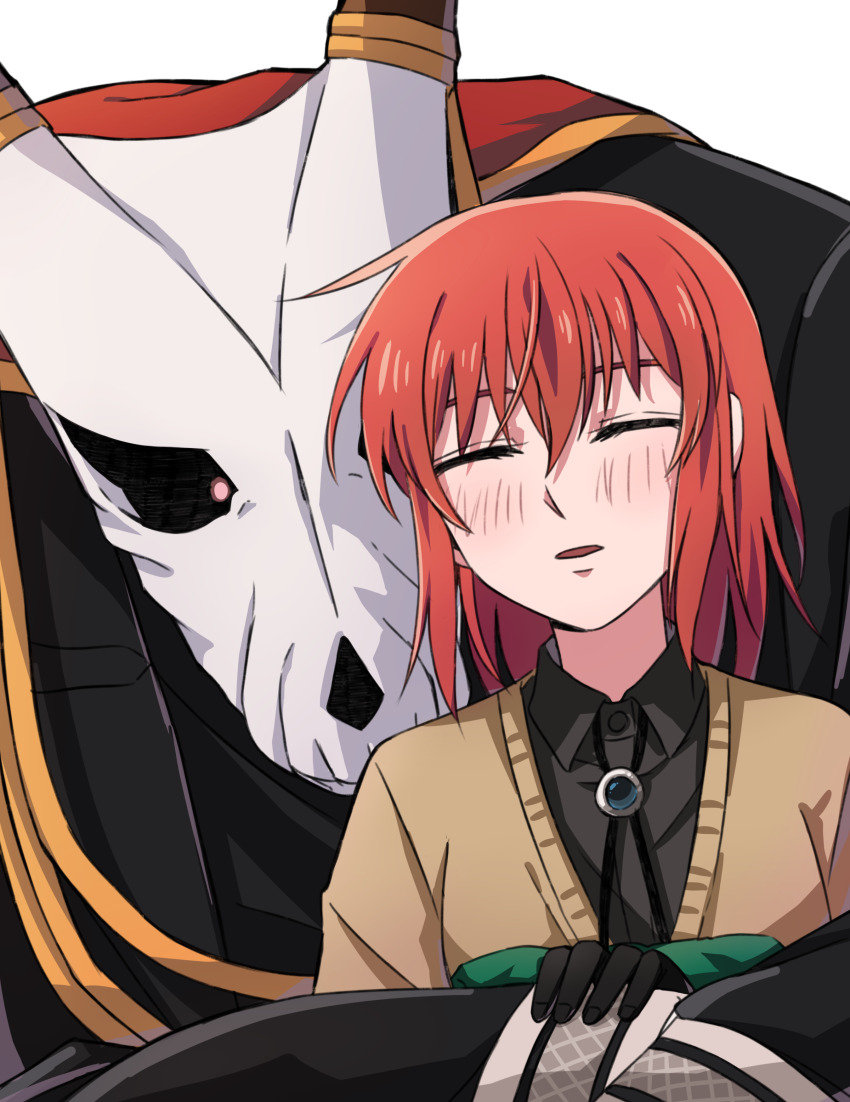 1boy 1girl absurdres animal_head animal_skull black_coat bolo_tie brown_sweater closed_eyes coat collared_shirt delfuze elias_ainsworth grey_shirt hatori_chise highres horns long_sleeves mahou_tsukai_no_yome parted_lips shirt skull_head sleeping sleeping_upright sweater wing_collar