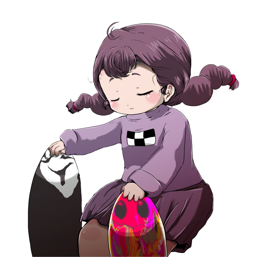 1girl blush braid brown_hair closed_eyes closed_mouth eyelashes hand_on_another&#039;s_head highres kuronekozonbi kyukkyu-kun madotsuki purple_skirt purple_sweater skirt smile solo_focus sweater transparent_background twin_braids uboa yume_nikki