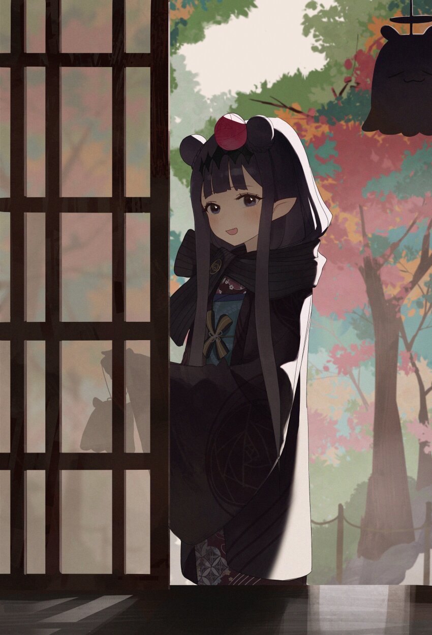 1girl absurdres black_hair black_haori black_scarf braid braided_bun bun_with_braided_base commentary cowboy_shot day diamond_hairband double_bun enpera fang floral_print floral_print_kimono from_side hair_bun haori highres holding hololive hololive_english japanese_clothes kimono kinchaku light_blush long_pointy_ears long_sleeves looking_at_viewer ninomae_ina&#039;nis ninomae_ina&#039;nis_(new_year) official_alternate_costume official_alternate_hairstyle open_mouth pointy_ears pouch print_kimono purple_eyes scarf seuhu shouji sidelocks sliding_doors smile solo standing symbol-only_commentary takodachi_(ninomae_ina&#039;nis) tree virtual_youtuber wide_sleeves