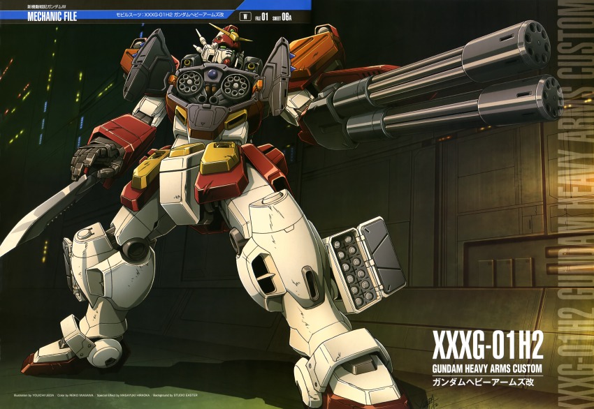 absurdres anime_coloring autocannon cannon gatling_gun gun gundam gundam_heavyarms_custom gundam_wing heavyarms_gundam highres knife mecha mecha_focus missile_launcher missile_pod multiple-barrel_gun no_humans official_art robot rotary_cannon scan weapon wrist_blade