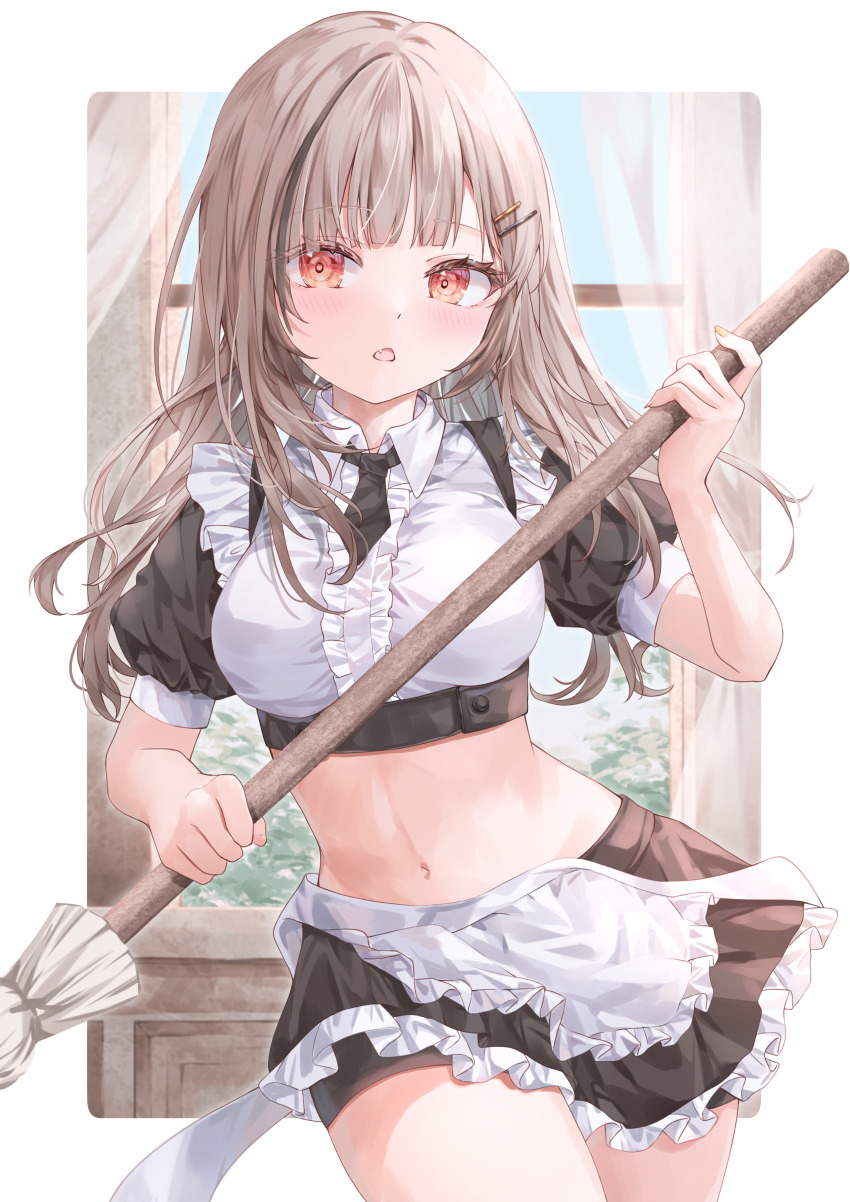 1girl absurdres apron bike_shorts black_necktie black_shirt black_shorts black_skirt blue_sky blunt_ends blush border breasts brown_hair center_frills collared_shirt commentary_request commission cowboy_shot crop_top cropped_shirt curtains day eyelashes fang frilled_apron frilled_shirt frilled_skirt frills hair_ornament hair_over_shoulder hairclip highres holding holding_mop indoors large_breasts linea_alba long_hair looking_at_viewer maid miniskirt mop multicolored_shirt navel necktie open_window outside_border parted_lips project_nebula puffy_short_sleeves puffy_sleeves red_eyes shirt short_necktie short_sleeves shorts shorts_under_skirt skeb_commission skirt sky solo standing stomach suzuri_ren tsumugi-t virtual_youtuber waist_apron white_apron white_border white_shirt wind window wing_collar