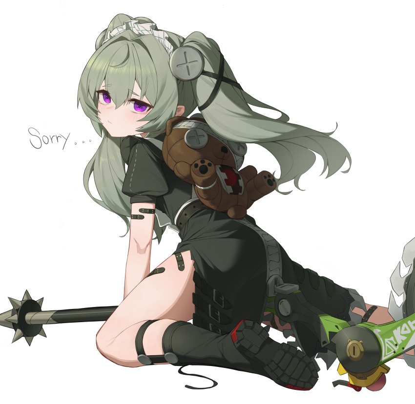 1girl absurdres bandaid bandaid_on_arm bandaid_on_thigh black_dress black_footwear blush circular_saw commentary corin_wickes dress from_behind frown green_hair highres holding holding_weapon huaaa_nn kneeling long_hair looking_at_viewer maid_headdress object_through_head purple_eyes saw screw_in_head simple_background solo thighs weapon white_background white_headdress zenless_zone_zero