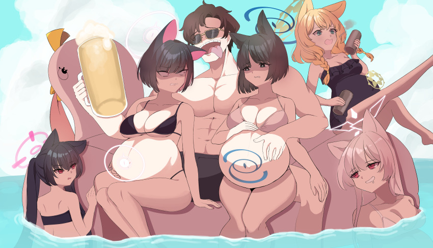 1boy 5girls absurdres akira_(blue_archive) alcohol alternate_costume animal_ears annoyed beach beer beer_mug belly_rub black_hair blue_archive blue_eyes breasts cat_ears cat_girl cup drink halo hands_on_own_stomach harem highres holding holding_drink kazusa_(blue_archive) kikyou_(blue_archive) knees_together_feet_apart large_breasts legs_together madrawing mari_(blue_archive) mug multiple_girls ocean on_floor orange_hair peroro_(blue_archive) pink_hair pregnancy_halo pregnant red_eyes sensei_(blue_archive) serika_(blue_archive) serika_(swimsuit)_(blue_archive) sitting sky sunglasses swimsuit tongue tongue_out twintails
