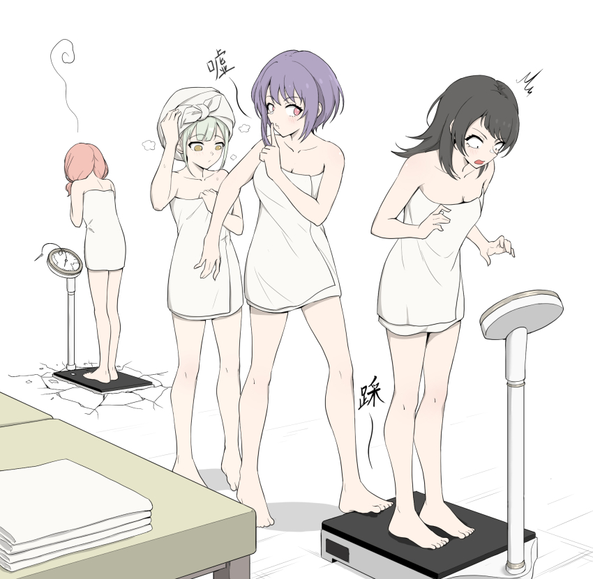4girls anglediana bang_dream! bang_dream!_it&#039;s_mygo!!!!! black_hair breasts chinese_commentary cleavage commentary_request green_hair highres multiple_girls naked_towel open_mouth pink_eyes pink_hair prank purple_eyes short_hair towel uehara_himari wakaba_mutsumi weighing_scale weight_conscious yahata_umiri yellow_eyes yuutenji_nyamu