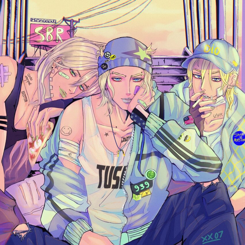 3boys absurdres alternate_costume american_flag american_flag_print aqua_hat artist_name bandaid bandaid_on_cheek bandaid_on_face bandaid_on_hand bandaid_on_shoulder bare_shoulders black_pants black_tank_top blonde_hair blue_eyes blue_hat blue_lips cigarette closed_mouth collarbone collarbone_piercing commentary diego_brando earrings english_commentary eyebrow_piercing eyeshadow face_piercing fingerless_gloves flag_print food gloves green_eyes green_lips green_nails gyro_zeppeli hair_between_eyes hat head_on_another&#039;s_shoulder henoopd highres holding holding_cigarette holding_food holding_pizza horseshoe_necklace jewelry johnny_joestar jojo_no_kimyou_na_bouken long_hair looking_at_viewer makeup male_focus medium_hair multiple_boys neck_tattoo nirvana_(band) outdoors pants parted_lips piercing pizza sitting sitting_on_stairs slayer_(band) smile stairs steel_ball_run stud_earrings tank_top tattoo teeth torn_clothes torn_pants upper_body white_tank_top yellow_nails