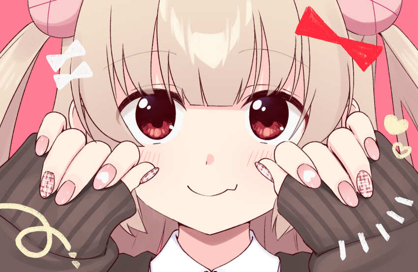 1girl black_jacket blush bow brown_hair close-up closed_mouth collared_shirt commentary_request fang hair_bow hands_up highres jacket kisaragi_hina long_hair long_sleeves nail_art nail_polish natori_sana pink_nails portrait red_bow red_eyes sana_channel shirt sidelocks skin_fang sleeves_past_wrists smile solo straight-on twintails virtual_youtuber white_shirt