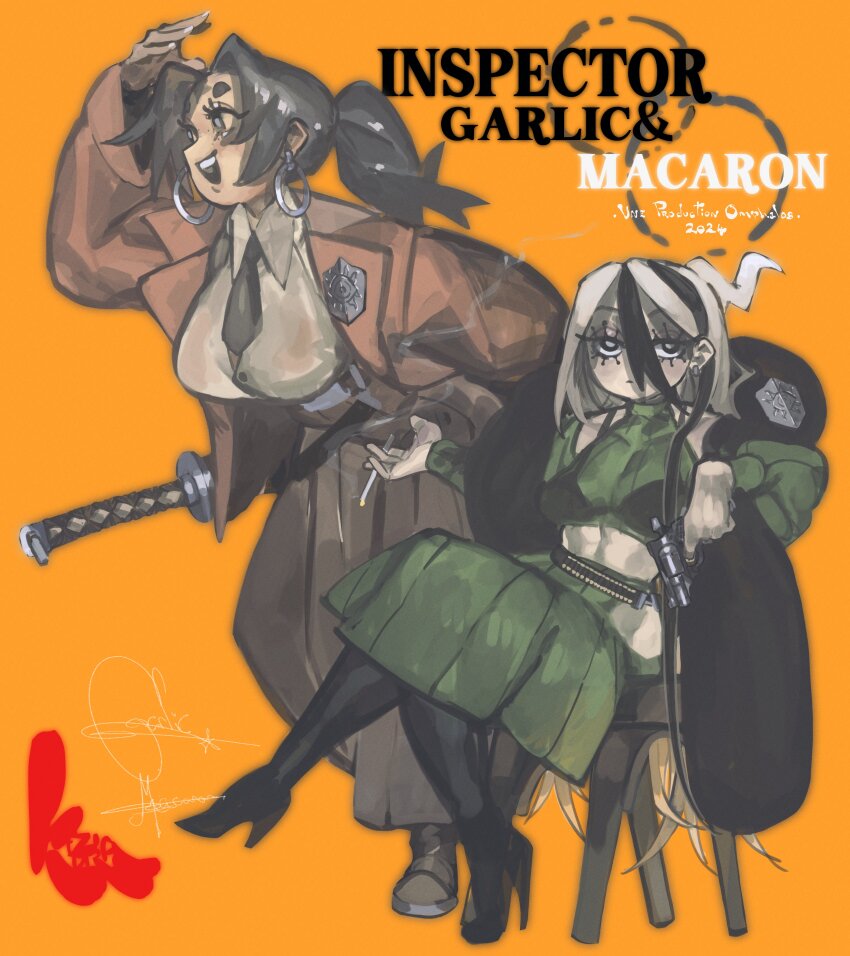 2024 2girls absurdres arm_up bandolier belt between_fingers black_boots black_hair boots bra_visible_through_clothes breasts bright_pupils brown_hakama brown_jacket brown_pants chair character_name cigarette collared_shirt crop_top crossed_legs detached_sleeves expressionless eyeshadow facial_mark forehead_mark freckles full_body garlic_(keziedra) green_hakama green_pants green_shirt gun hakama hakama_pants half-closed_eyes handgun highres holding holding_cigarette holding_gun holding_weapon jacket japanese_clothes katana keziedra knee_boots large_breasts leaning_forward long_eyelashes long_hair long_sleeves looking_at_viewer macaron_(keziedra) makeup medium_breasts multicolored_hair multiple_girls no_sclera on_chair open_mouth orange_background original pale_skin pants police_badge ponytail profile revolver see-through_clothes see-through_shirt sheath sheathed shirt sitting smile standing star_(symbol) star_facial_mark streaked_hair sword teeth two-tone_hair upper_teeth_only weapon white_hair white_pupils white_shirt