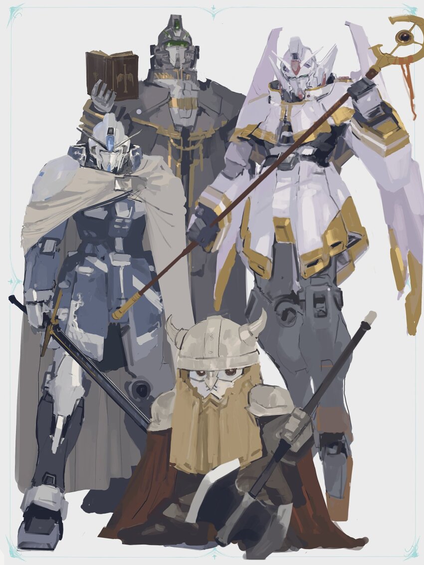 axe book brown_eyes commentary_request dwarf eisen_(sousou_no_frieren) fake_horns frieren green_eyes gundam heiter helmet highres himmel_(sousou_no_frieren) holding holding_axe holding_book holding_staff holding_sword holding_weapon horned_helmet horns looking_at_viewer mecha mecha_focus mobile_suit no_humans open_book rintaro_komori robot sd_gundam sousou_no_frieren staff standing sword v-fin weapon white_background