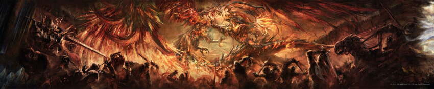 absurdres armor battle claws feathered_wings final_fantasy final_fantasy_xvi fire glowing highres horns ifrit_(final_fantasy) key_visual long_image monster official_art phoenix_(final_fantasy) promotional_art sword tail war weapon wide_image wings