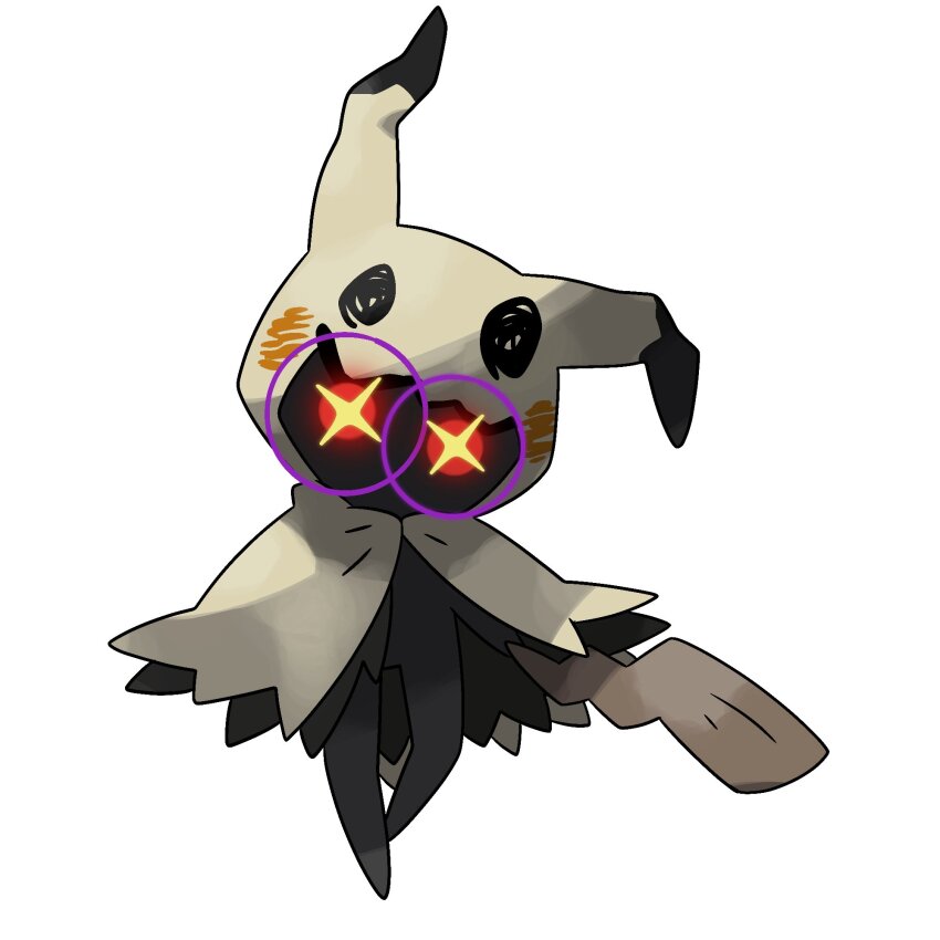 creatures_(company) fakemon game_freak gen_7_pokemon glowing looking_at_viewer mimikyu nintendo pokemon pokemon_(creature) red_eyes simple_background white_background