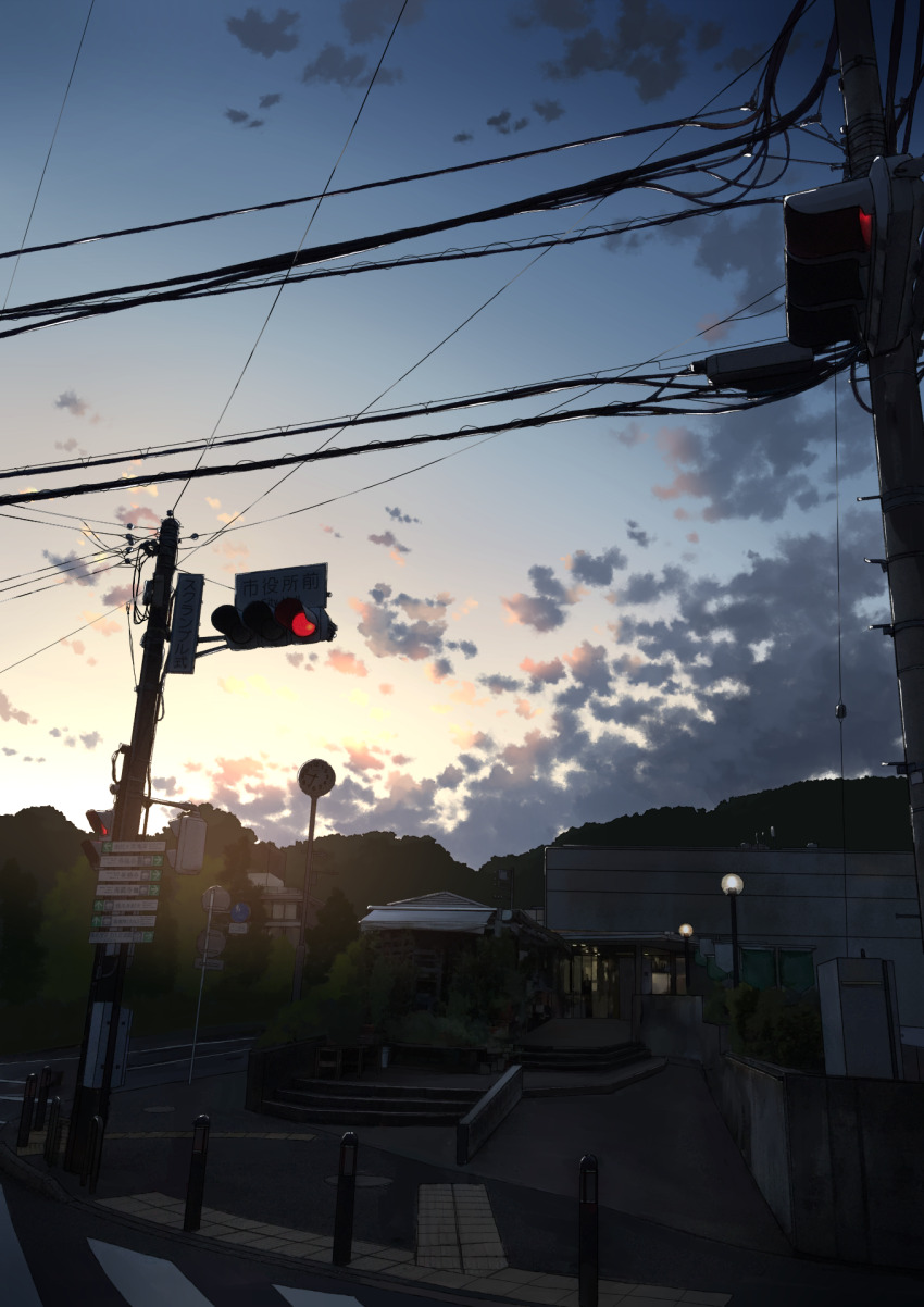 anyotete building bush city cityscape cloud commentary crosswalk day fence highres lamppost morning no_humans original outdoors power_lines railing road road_sign scenery sidewalk sign sky stairs street sunset traffic_light tree utility_pole