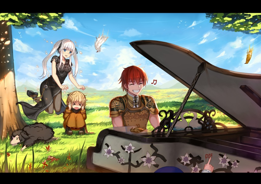 &gt;_&lt; 2boys 2girls aged_down animal bird black_legwear black_sheep blood blood_writing blue_eyes blush closed_eyes highres instrument letterboxed long_hair looking_at_another looking_away lorna mabinogi multiple_boys multiple_girls musical_note musyne_xsk nao_(mabinogi) open_mouth pan_(mabinogi) pantyhose piano red_hair ruairi sheep short_hair silver_hair smile tarlach teeth twintails