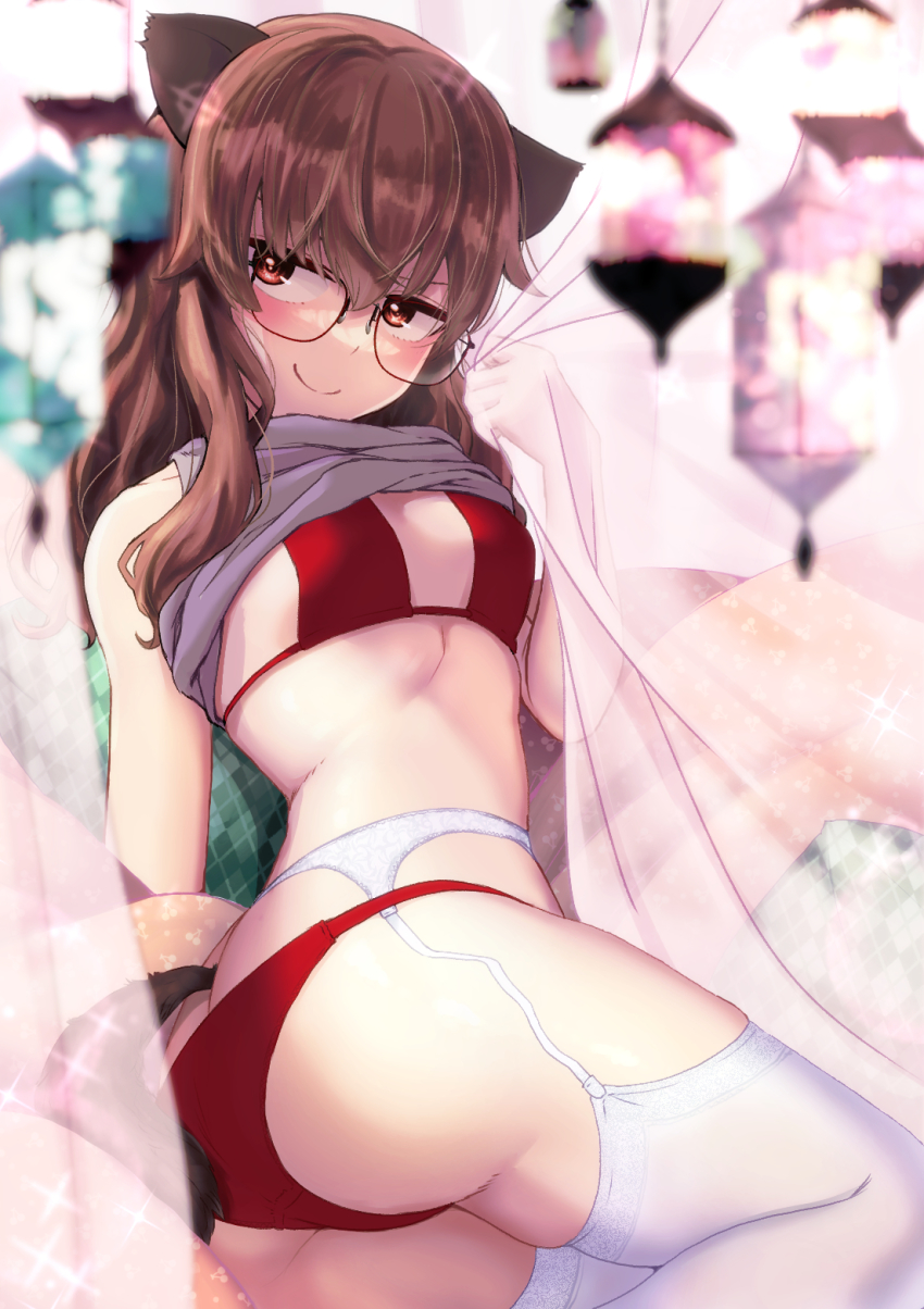 1girl 504th_joint_fighter_wing animal_ears ass blush bra breasts brown_hair butt_crack dog_ears dog_tail fernandia_malvezzi garter_belt glasses highres hora_liar lace liar_lawyer looking_at_viewer panties panties_over_garter_belt red_bra red_panties small_breasts smile strike_witches strike_witches:_kurenai_no_majo-tachi tail thighhighs underwear veil white_thighhighs world_witches_series yellow_eyes