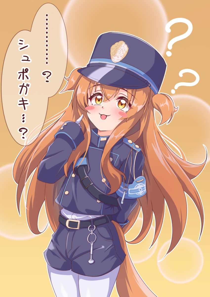 ...? 1girl :3 ? ?? armband belt black_belt blue_archive blue_armband blue_jacket blue_shorts buttons cosplay cowboy_shot double-breasted gloves hair_between_eyes hat highres horse_girl horse_tail hoshitani_mio jacket long_hair long_sleeves mayano_top_gun_(umamusume) mokichi3356 nozomi_(blue_archive) nozomi_(blue_archive)_(cosplay) orange_eyes orange_hair pantyhose peaked_cap shako_cap short_shorts shorts solo tail train_conductor two_side_up umamusume voice_actor_connection whistle white_gloves white_pantyhose