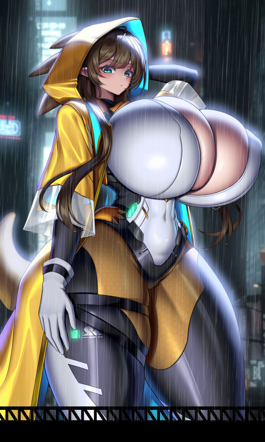 ;&lt; absurdres blurry blurry_background blush bodysuit breasts brown_hair cape cityscape curvy gloves green_eyes highres hood hood_up huge_breasts impossible_bodysuit impossible_clothes lamppost long_hair looking_at_viewer mature_female original plump pointy_ears rain raincoat skin_tight solo standing tail thigh_strap thighs white_gloves yellow_raincoat yue_huang_qing_vassago