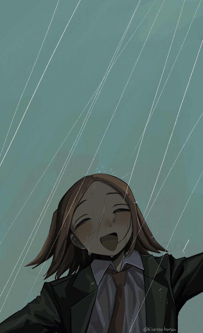 1girl :d absurdres brown_hair closed_eyes collared_shirt highres jacket lapels medium_hair necktie notched_lapels one_side_up open_clothes open_jacket open_mouth original outdoors outstretched_arms rain red_necktie shirt sionsakana smile solo spread_arms twitter_username upper_body wet