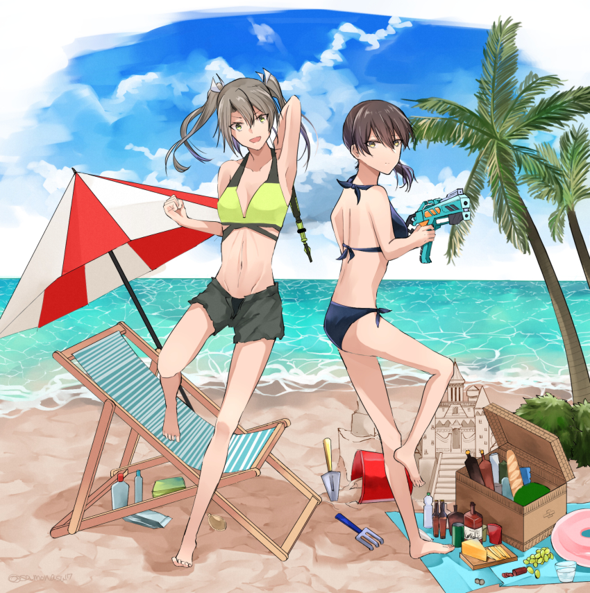 2girls beach beach_umbrella bikini blue_bikini blue_sky box brown_eyes brown_hair bucket chair cloud commentary_request day flat_chest full_body grey_hair highres horizon kaga_(kancolle) kantai_collection long_hair looking_at_viewer lounge_chair mismatched_bikini multiple_girls ocean outdoors palm_tree samonasu17 sand_castle sand_sculpture side_ponytail sky swimsuit tree trowel twintails umbrella yellow_eyes zuikaku_(kancolle)