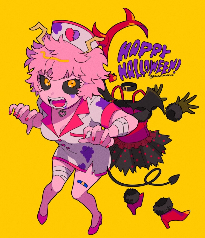 2girls ashido_mina bandaged_arm bandaged_leg bandages bandaid black_dress black_gloves black_sclera boku_no_hero_academia breasts cleavage collar colored_sclera colored_skin demon_horns dress fake_horns fur-trimmed_footwear fur-trimmed_gloves fur_trim gloves hagakure_toru hairband halloween halloween_costume happy_halloween hat high_heels highres horns invisible medium_breasts messy_hair mommorua multiple_girls nurse nurse_cap open_mouth pink_hair pink_shoes pink_skin red_footwear red_hairband shoes short_hair white_dress yellow_eyes yellow_horns