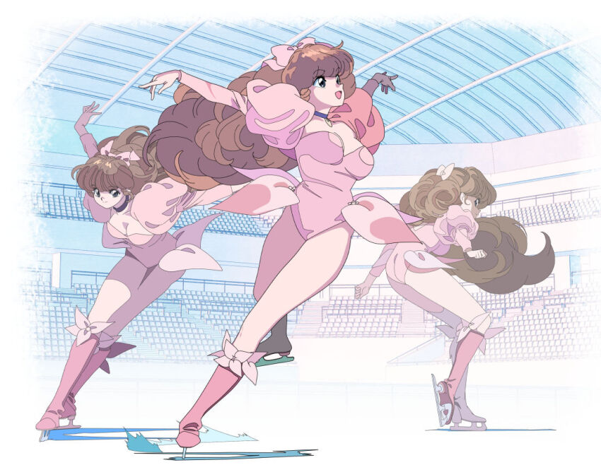 1980s_(style) 1girl arena arms_up ass boots breasts brown_hair cleavage curly_hair edoya_inuhachi figure_skating grey_eyes ice ice_skates ice_skating leaning_to_the_side leotard looking_at_viewer looking_back looking_to_the_side medium_breasts oldschool pink_boots pink_leotard puffy_sleeves ranma_1/2 retro_artstyle shiratori_azusa skates skating smile squatting