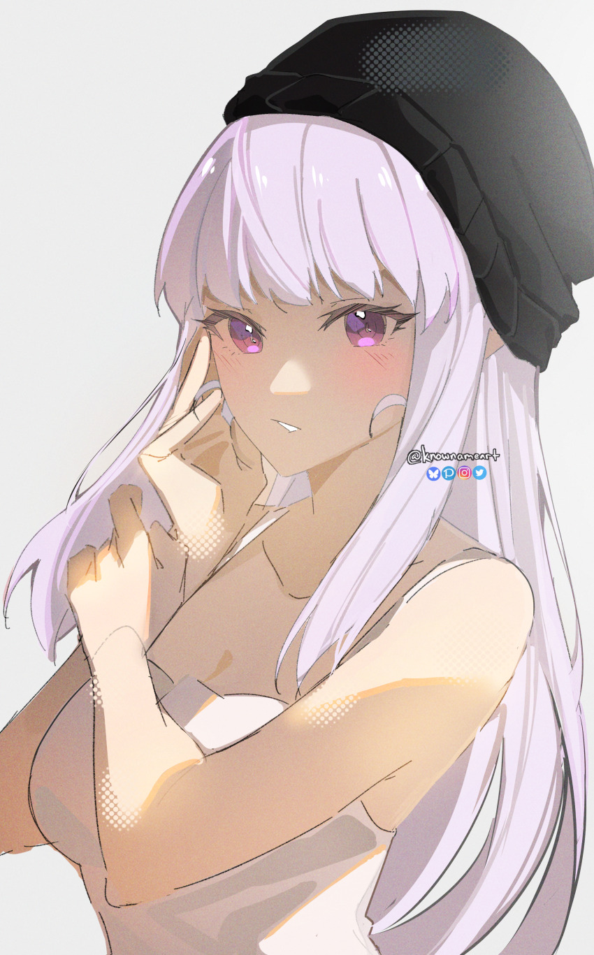 1girl absurdres adjusting_hair artist_name black_hat blush breasts camisole eyebrows_hidden_by_hair from_side grey_background hat highres knowname long_hair looking_at_viewer mariabelle_(elf-san) medium_breasts nihon_e_youkoso_elf-san. open_mouth purple_eyes simple_background solo upper_body very_long_hair white_camisole white_hair