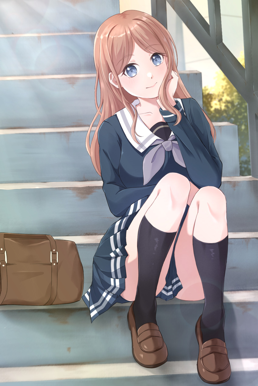 1girl absurdres bang_dream! bang_dream!_it&#039;s_mygo!!!!! black_socks blue_eyes blue_shirt blue_skirt blush brown_bag brown_hair brown_shoes closed_mouth commentary english_commentary grey_neckerchief highres kneehighs loafers long_hair long_sleeves looking_at_viewer miyamu nagasaki_soyo neckerchief pleated_skirt school_uniform shirt shoes sidelocks sitting skirt socks solo stairs tsukinomori_school_uniform
