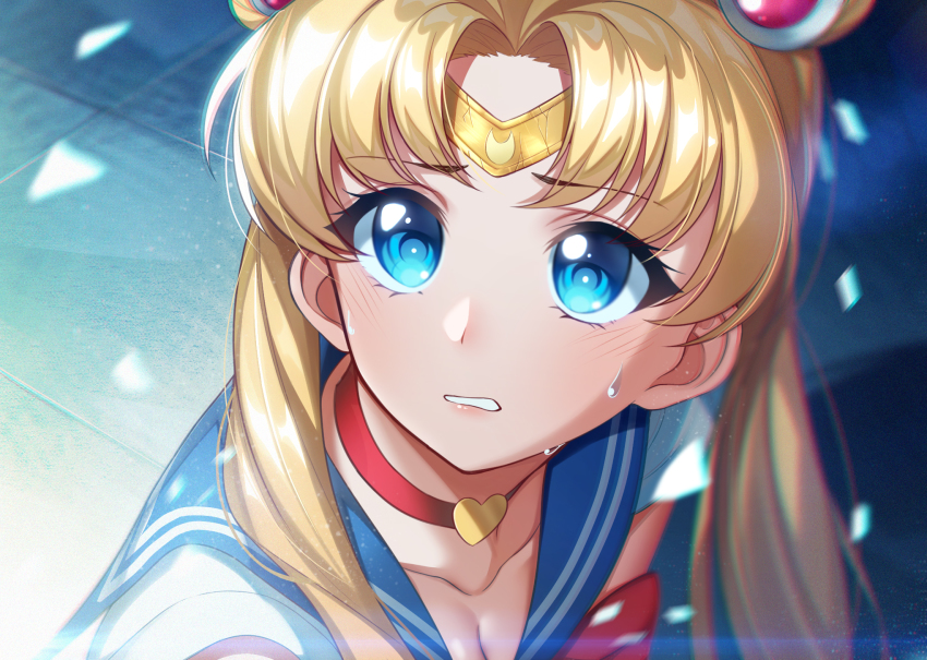 1girl bishoujo_senshi_sailor_moon bishoujo_senshi_sailor_moon_s blonde_hair blue_eyes blue_sailor_collar blush breasts choker circlet cleavage collarbone commentary_request derivative_work double_bun female_focus hair_bun hair_ornament heart heart_choker highres korean_commentary long_hair looking_at_viewer meme parted_bangs parted_lips red_choker sailor_collar sailor_moon sailor_moon_redraw_challenge_(meme) sailor_senshi_uniform screenshot_redraw shirt short_sleeves solo the_cold tsukino_usagi twintails upper_body white_shirt