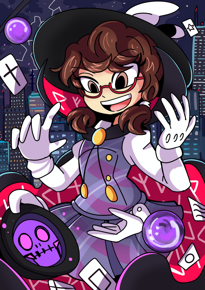 1girl absurdres brown_eyes brown_hair building city cityscape cloak crack fedora glasses gloves hat highres occult_ball peargor plaid_clothes plaid_skirt plaid_vest runes school_uniform short_twintails skirt skull touhou twintails usami_sumireko vest zener_card