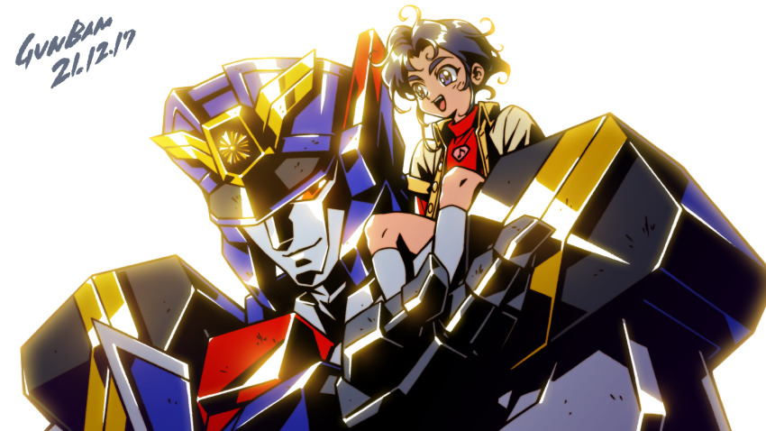 2boys babamba black_eyes black_hair dated deckerd hair_behind_ear highres jacket looking_to_the_side male_focus mecha multiple_boys on_mecha orange_eyes police robot sitting_on_shoulder smile super_robot sweater tomonaga_yuuta v-fin white_background white_sweater yellow_jacket yuusha_keisatsu_j-decker yuusha_series