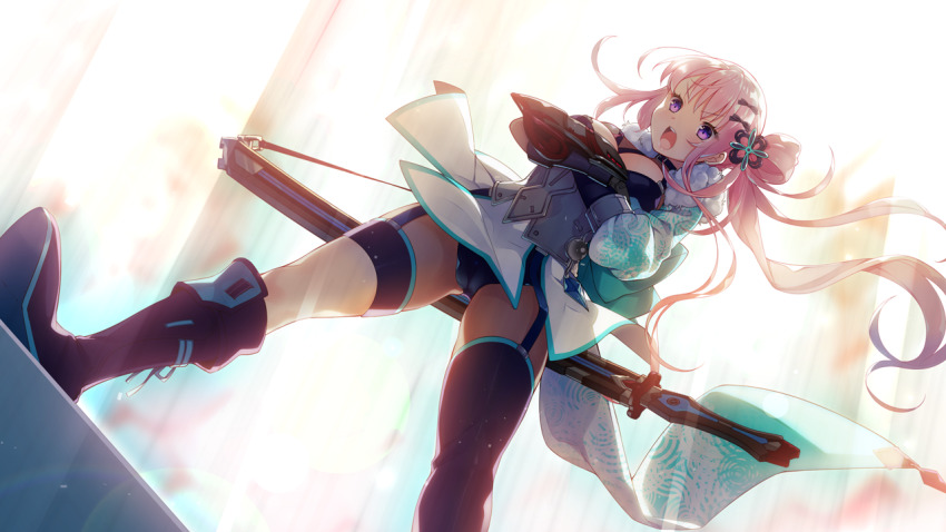 1girl :o akatsuki_yureru_koi_akari blush boots breasts cameltoe cleavage crossed_arms female_focus floating_hair folded_ponytail from_below full_body fur_trim game_cg garter_straps groin hilt japanese_clothes kazamine_setsugekka legs legs_apart long_hair looking_at_viewer medium_breasts nose_blush open_mouth original panties pantyshot pink_hair purple_eyes side_ponytail simple_background solo standing sword teeth thighhighs thighs underwear upper_teeth_only usume_shirou v-shaped_eyebrows weapon