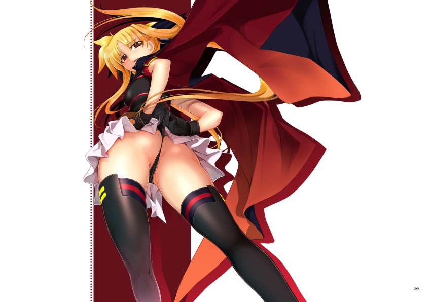 1girl absurdres ass black_thighhighs blonde_hair cape fate_testarossa fate_testarossa_(movie_1st_form) from_below gloves hair_ribbon highres layered_legwear leotard leotard_lift leotard_peek lifting_own_clothes long_hair looking_down lyrical_nanoha magical_girl mahou_shoujo_lyrical_nanoha mahou_shoujo_lyrical_nanoha_the_movie_1st mikazuki_akira! open_mouth photoshop_(medium) red_eyes ribbon shadow skirt solo standing strap thighhighs thong_leotard twintails two-sided_cape two-sided_fabric upskirt very_long_hair