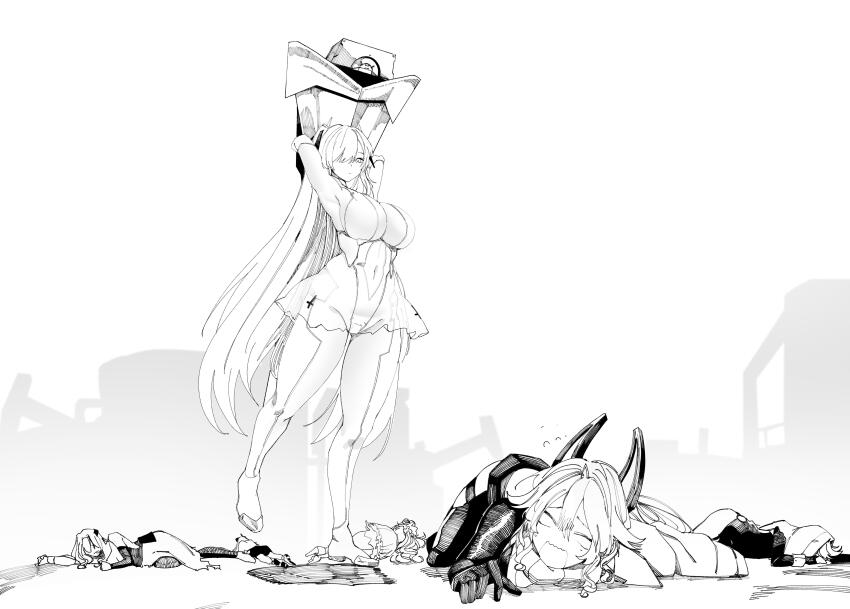 6+girls absurdres armored_bodysuit armpit_cutout bad_end black_gloves bodysuit breasts cinderella_(nikke) cleavage cleavage_cutout cloak clothing_cutout defeat dorothy_(nikke) flower-shaped_hair glass_slipper gloves goddess_(nikke) goddess_of_victory:_nikke habit hair_bun hair_over_one_eye head-mounted_display highres hip_vent holding horns imminent_hit jacket large_breasts leather leather_jacket leather_pants leg_cutout long_braid long_hair long_sleeves mechanical_horns monochrome multiple_girls nun obazzotto one_eye_covered open_mouth pants rapunzel_(nikke) rapunzel_(pure_grace)_(nikke) red_hood_(nikke) scared scarf scarlet_(black_shadow)_(nikke) scarlet_(nikke) see-through_clothes see-through_skirt single_side_bun skirt snow_white_(innocent_days)_(nikke) snow_white_(nikke) stomach_cutout visor_lift wavy_mouth weapon white_cloak
