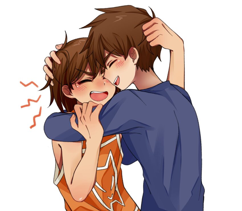 2boys :d ^_^ bare_arms bare_shoulders blue_shirt brothers brown_hair closed_eyes dark-skinned_male dark_skin face-to-face facing_another fang fingernails hair_behind_ear hair_between_eyes hand_on_another&#039;s_head hero_(faraway)_(omori) hero_(omori) highres kel_(faraway)_(omori) kel_(omori) linglanjunying long_sleeves male_focus multiple_boys omori open_mouth orange_tank_top profile shirt short_hair siblings simple_background smile tank_top teeth upper_body upper_teeth_only v-shaped_eyebrows white_background